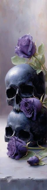 Free dark romance bookmark featuring stacked skulls on marble with purple roses